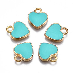 Dark Turquoise Alloy Enamel Charms, Heart, Light Gold, Dark Turquoise, 12x10x2mm, Hole: 2mm