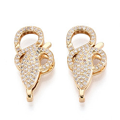 Настоящее золото 18K Застежки-лобстеры с прозрачным кубическим цирконием и латунным паве, змея, реальный 18 k позолоченный, 25x12x5 мм, отверстие : 1.2~1.4 мм