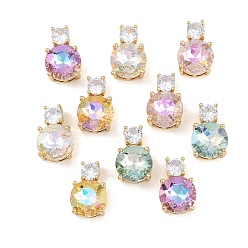 Mixed Color Brass Glass Pendants, Flat Round Charm, Faceted, Mixed Color, 15x10x8mm, Hole: 4.3x2.3mm