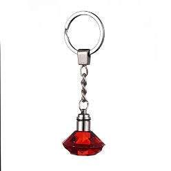 Red Diamond Shape Faceted Glass Keychain, with Platinum Plated Iron Split Key Rings, Red, 96mm, Pendants: 30.5x30mm