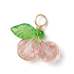 Pink Подвески из вишневого стекла, с медной проволокой светло-золотистого цвета и акрилом, граненый(32 граненый), розовые, 16.5x15x5.5 мм, отверстие : 3.5 мм