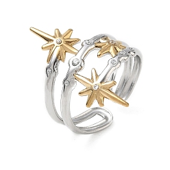 Plaqué 18k Or Véritable & Couleur Acier Inoxydable 304 Bagues manchettes ouvertes en acier inoxydable serties de micro-pavés de zirconiums cubiques pour femmes, étoiles, plaqué or véritable et couleur acier inoxydable, 25mm, diamètre intérieur: 17 mm