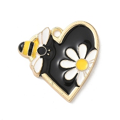 Черный Подвески из эмали и сплава, золотой свет, без кадмия, без никеля и без свинца, стойки покрытие, сердце с цветком и пчелами, чёрные, 25x26x3 мм, отверстие : 2.1 мм