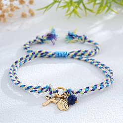 Темно-Голубой Латунь шарм браслеты, Регулируемые браслеты из плетеного хлопкового шнура для женщин и мужчин, крест и овал с девой марией, глубокое синее небо, 11.02 дюйм (28 см)
