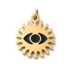 Black 304 Stainless Steel Charms, with Enamel and Jump Ring, Real 14K Gold Plated, Sun with Eye Charm, Black, 11.8x10x1.1mm, Hole: 1.4mm