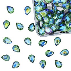 Светло-зеленый Заостренные заднее стекло горный хрусталь кабошоны, с покрытием на задной стороне, граненые, с покрытием AB цвета, слеза, светло-зеленый, 14x10x5 мм, 100 шт / коробка