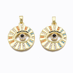 Real 16K Gold Plated Brass Micro Pave Clear Cubic Zirconia Pendants, Nickel Free, Flat Round, Real 16K Gold Plated, 24x21x2.5mm, Hole: 3mm