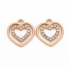 Light Gold Alloy Pendants, with Crystal Rhinestone, Heart, Light Gold, 19x18x2mm, Hole: 2mm
