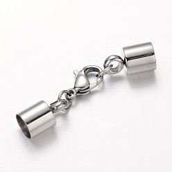 Stainless Steel Color Tarnish Resistant 304 Stainless Steel Lobster Claw Clasps, with Column Cord Ends, Stainless Steel Color, 38.5mm, Hole: 6mm