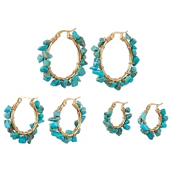 Howlite 3 Pairs 3 Size Natural Dyed Howlite Chips Hoop Earrings, 304 Stainless Steel Wire Wrap Earrings, 23~35x5~8.5mm, 1 Pair/size