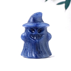 Синий Авантюрин Хэллоуин окрашенный и нагретый натуральный синий авантюрин резные фигурки привидения в шляпе статуэтки для украшения рабочего стола дома и офиса, 25~30x38~40 мм