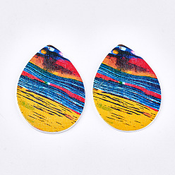 Colorful Printed Wooden Big Pendants, Dyed, teardrop, Colorful, 64.5x46x2.5mm, Hole: 1.2mm