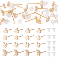 Настоящее золото 18K Латунные серьги-гвоздики для женщин, с пластиковыми и силиконовыми ушными гайками, разнообразные, реальный 18 k позолоченный, 5~7x5~5.5 мм, ушная гайка: 5.6 мм