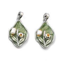 Платина Латунь эмаль подвески, с натуральным пресноводным жемчугом и акрилом, неправильный овал с цветочными подвесками, без кадмия, без никеля и без свинца, платина, 22x14x5.5 мм, отверстие : 3x4 мм