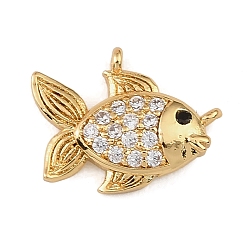 Real 18K Gold Plated Brass Micro Pave Black Cubic Zirconia Charms, Fish Charms, Rack Plating, Long-Lasting Plated, Cadmium Free & Lead Free, Real 18K Gold Plated, 11x14x3mm, Hole: 0.6mm
