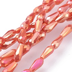 Оранжево-Красный Гальванизированные непрозрачные стеклянные бусины, с полным покрытием цвета радуги, граненые, слеза, оранжево-красный, 9~10x4 мм, отверстие : 0.8 мм, около 70~72 шт / нитка, 25.98 дюйм ~ 27.95 дюйм (66~71 см)