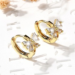 Настоящее золото 18K Серьги-кольца из латуни с бантом, с четким кубического циркония, реальный 18 k позолоченный, 13x10x15 мм