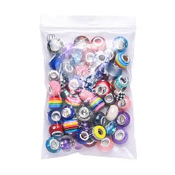 Mixed Color Acrylic & Resin & Polymer Clay Rhinestone European Beads, Large Hole Beads, with Silver Color Core, Rondelle, Mixed Color, Beads: 13.5~14x8~10mm, Hole: 5mm, 54pcs/bag