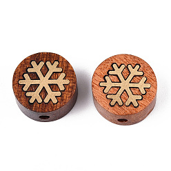 Снежинка Натуральные сандаловые бусины и латунные бусины, неокрашенными, плоский круг и снежинка, 14.5x7~7.5 мм, отверстие : 2 мм