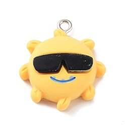 Солнце Непрозрачные подвески смолы, летние подвески с железными петлями с платиновым покрытием, солнце, 25x21.5x9 мм, отверстие : 2 мм