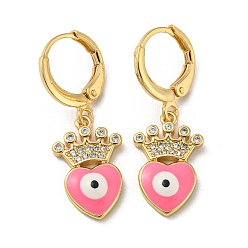 Hot Pink Golden Brass Dangle Leverback Earrings, with Enamel and Cubic Zirconia, Heart with Evil Eye, Hot Pink, 30x11mm
