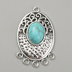 Синтетическая Бирюза Звенья компонентов люстры из синтетической бирюзы, со старинными серебряными тонами цинкового сплава, тибетский стиль , 40.5x24x7 мм, отверстие : 1.6 мм