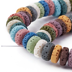 Mixed Color Natural Lava Rock Beads Strands, Dyed, Flat Round/Disc, Mixed Color, 8~8.5x3~4mm, Hole: 2mm, about 62 pcs/Strand, 7.87 inch(20 cm)