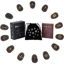 Черный Деревянные ведьмовские руны, выгравированный цыганский символ для медитативного гадания, с тканевой сумкой для хранения на шнурке и тройной коробкой с рисунком богини луны, чёрные, деревянная руна: 35x25x4мм, 14 шт