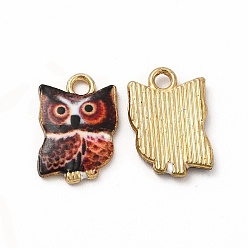 Coconut Brown Printed Alloy Pendants, Lead Free & Cadmium Free & Nickel Free, Owl Charm, Golden, Coconut Brown, 15x10.5x2mm, Hole: 1.8mm