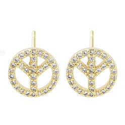 Real 18K Gold Plated Brass Micro Pave Clear Cubic Zirconia Studs Earring, Flat Round with Peace Sign, Real 18K Gold Plated, 9mm