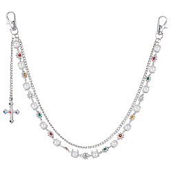 Платина 1Двухслойная цепочка из сплава с разноцветными стразами в виде цветов и пластиковыми жемчужинами для брюк, с поперечными прелести, платина, 467 мм