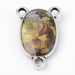 Желто-Зеленый Сплав ссылки люстра компонент, 3 Разъемы петли, центральная часть четок, без кадмия и без свинца, овальные, античное серебро, желто-зеленый, 23x15x4 мм, отверстие : 2 мм