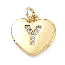 Letter Y Латунные микропаве прозрачные подвески с фианитом, сердце прелести, без кадмия и без свинца, стойки покрытие, долговечный, реальный 18 k позолоченный, Письмо Y, 15x15x2 мм, отверстие : 3 мм