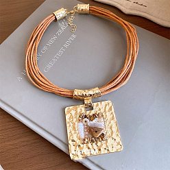 Золотой Прямоугольный кулон из сплава с текстурированной поверхностью, многожильный вощеный шнурок для ожерелий для женщин, песчаный коричневый, золотые, 22.44 дюйм (57 см)