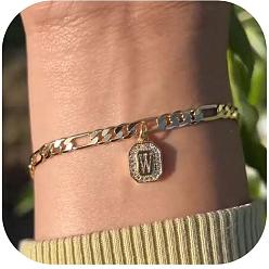 Letter W 304 браслеты с подвесками из нержавеющей стали и кристаллами горного хрусталя, браслеты-цепочки Фигаро для женщин, прямоугольник с буквой, золотые, Буква W, 6-3/4 дюйм (17 см)