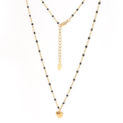 Black Stainless Steel Heart Pendant Necklaces, Enamel Style, Black, 18.90 inch(48cm)