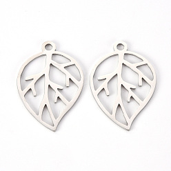 Stainless Steel Color Non-Tarnish 201 Stainless Steel Pendants, Laser Cut, Leaf, Stainless Steel Color, 28.5x19.5x1mm, Hole: 2mm