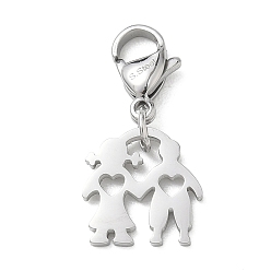 Stainless Steel Color 304 Stainless Steel Boy Girl Heart Cutout Pendant Decorations, with Lobster Clasp, Stainless Steel Color, 27mm