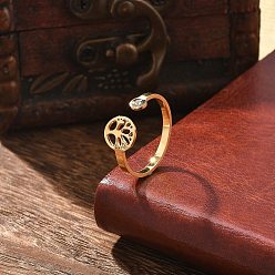 Tree of Life 304 открытое кольцо-манжета из нержавеющей стали со стразами для женщин, золотые, древо жизни, внутренний диаметр: 19 мм