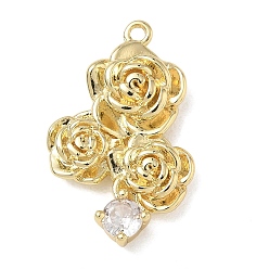 Real 18K Gold Plated Brass Micro Pave Clear Cubic Zirconia Pendants, Triple Rose Charms, Real 18K Gold Plated, 23.5x15x4.5mm, Hole: 1.2mm