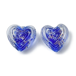 Синий Светящиеся бусины лэмпворк из золота и песка ручной работы, светится в темноте, сердце, синие, 19x21x12 мм, отверстие : 1.5 мм