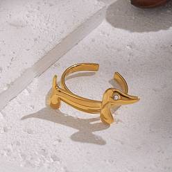 Собака 304 открытые кольца-манжеты из нержавеющей стали для женщин, со стразами, ионное покрытие (ip), реальный 18 k позолоченный, собака, внутренний диаметр: 17.6 мм