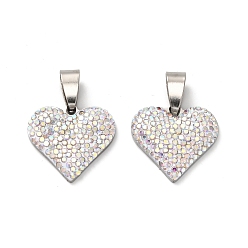 Хрусталь AB 201 подвески из нержавеющей стали и глины, со стразами, сердце, цвет нержавеющей стали, хрусталь AB, 18.5x20x3 мм, отверстие : 8.5x4 мм