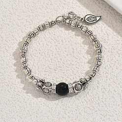 Черный Элегантные женские браслеты из натурального обсидиана и цинкового сплава с круглыми бусинами, античное серебро, чёрные, внутренний диаметр: 2-3/4 дюйм (7 см)