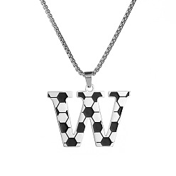 Letter W 201 Кулон-подвеска из нержавеющей стали с инициалом футбольного мяча для мужчин и женщин, цвет нержавеющей стали, белого и черного, Буква W, 23.62 дюйм (60 см), Кулон : 30x25 мм