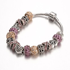 Hell Amethyst Legierung Strass Perle europäischen Armbänder, mit Glasperlen und Messingkette, Hell Amethyst, 190 mm