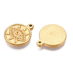 Настоящее золото 18K Ионное покрытие (ip) 304 подвеска из нержавеющей стали со стразами, плоский круглый с шармом в виде глаз, реальный 18 k позолоченный, подходит для 2 мм и 1 мм стразами, 18.5x15x2.5 мм, отверстие : 1.2~1.4 мм