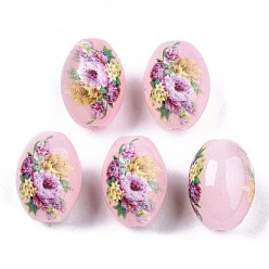 Pink Printed & Spray Painted Imitation Jade Glass Beads, Oval with Floral Pattern, Pink, 13.5~15x10mm, Hole: 1.6mm