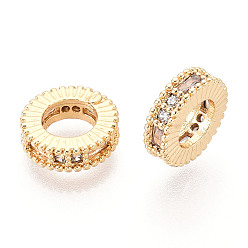 Настоящее золото 18K Латунь микропаве прозрачный кубический цирконий европейский бисер, бусины с большим отверстием, без кадмия, без никеля и без свинца, плоско-круглые, реальный 18 k позолоченный, 9.5x3 мм, отверстие : 5 мм