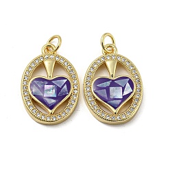 Dark Slate Blue Brass Micro Pave Cubic Zirconia Pendants, Cadmium Free & Lead Free, with Enamel Shell, Oval with Heart, Dark Slate Blue, 21x14x4mm